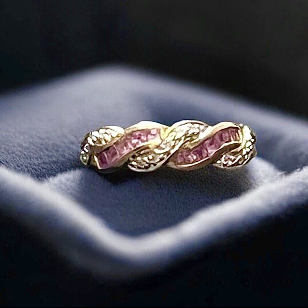 14k Gold Twist Band Ring Pink Sapphire Baguette & Diamonds 0.11ctw 3G Size 7
